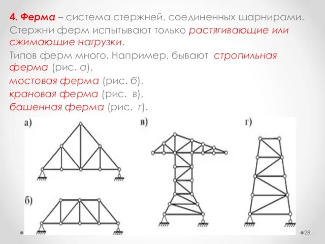 4. Ферма – система стержней, соединенных шарнирами. Стержни ферм испытывают только