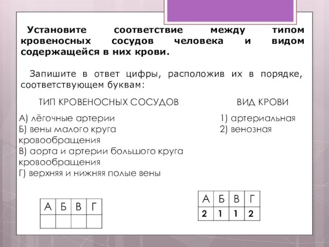 Установите соответствие между типом кровеносных сосудов человека и видом содержащейся в