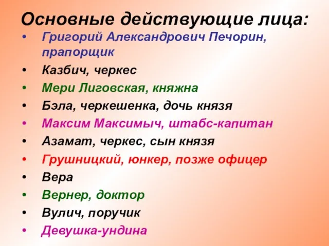 Основные действующие лица: Григорий Александрович Печорин, прапорщик Казбич, черкес Мери Лиговская,