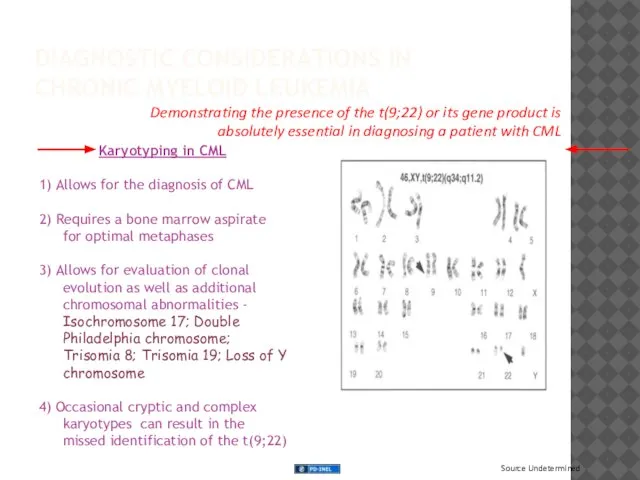 DIAGNOSTIC CONSIDERATIONS IN CHRONIC MYELOID LEUKEMIA Karyotyping in CML 1) Allows