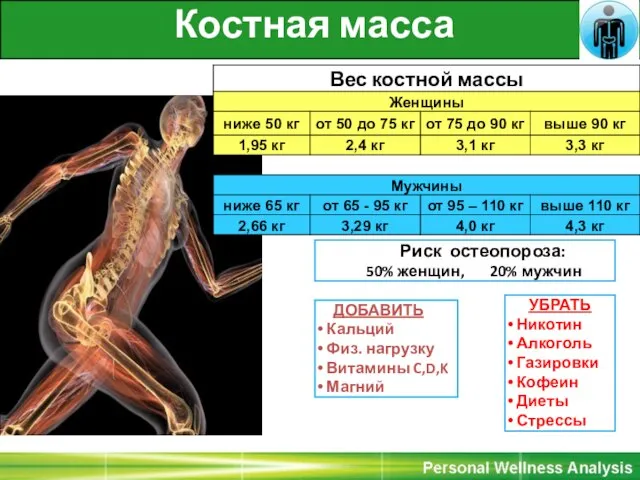 Костная масса ДОБАВИТЬ Кальций Физ. нагрузку Витамины C,D,K Магний УБРАТЬ Никотин