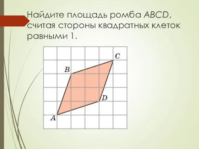 Найдите площадь ромба ABCD, считая стороны квадратных клеток равными 1.