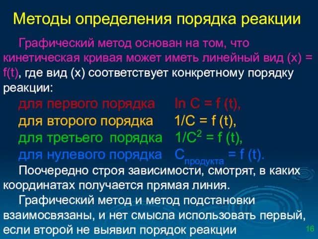 Методы определения порядка реакции Графический метод основан на том, что кинетическая