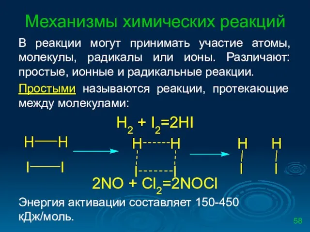 Механизмы химических реакций В реакции могут принимать участие атомы, молекулы, радикалы