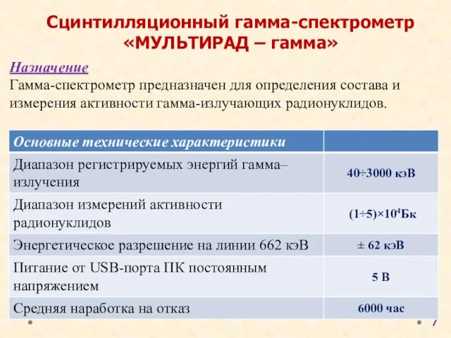 Назначение Гамма-спектрометр предназначен для определения состава и измерения активности гамма-излучающих радионуклидов. Сцинтилляционный гамма-спектрометр «МУЛЬТИРАД – гамма»