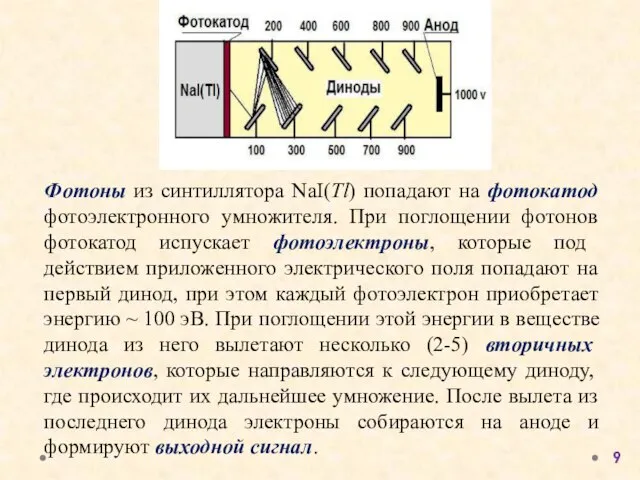 Фотоны из синтиллятора NaI(Tl) попадают на фотокатод фотоэлектронного умножителя. При поглощении