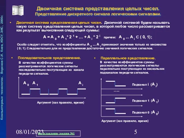 08/01/2023 Двоичная система представления целых чисел. Представление дискретного сигнала логическими сигналами.