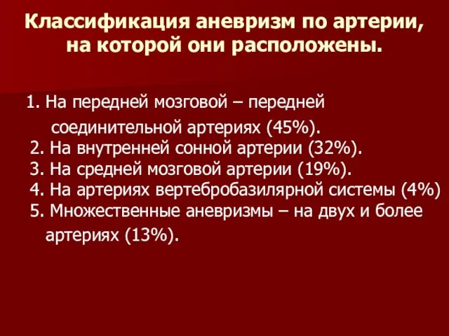 Классификация аневризм по артерии, на которой они расположены. 1. На передней