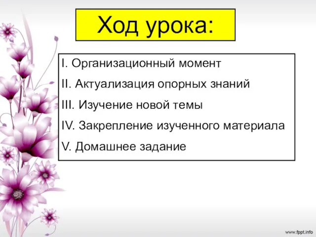 Ход урока: I. Организационный момент II. Актуализация опорных знаний III. Изучение