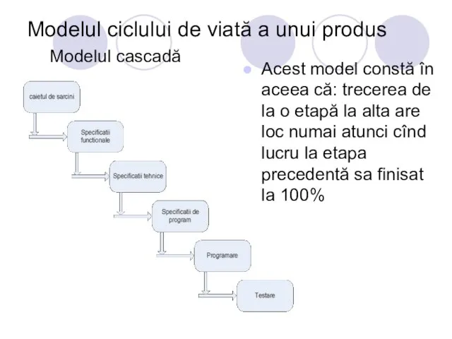 Modelul ciclului de viată a unui produs Modelul cascadă Acest model