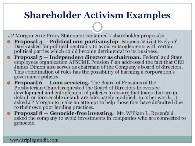 Shareholder Activism Examples JP Morgan 2012 Proxy Statement contained 7 shareholder
