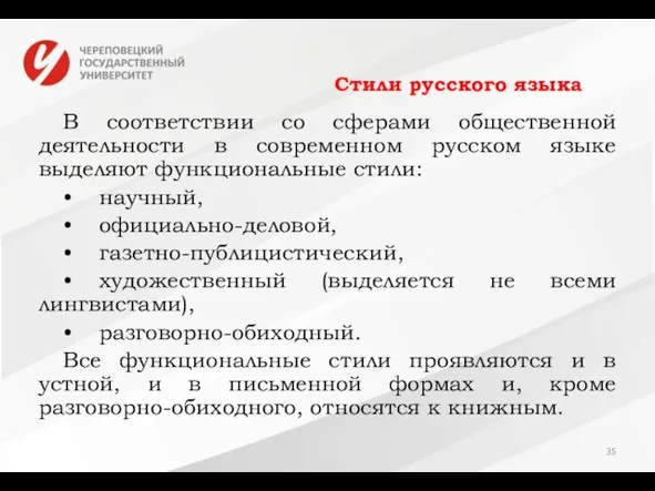 Стили русского языка В соответствии со сферами общественной деятельности в современном