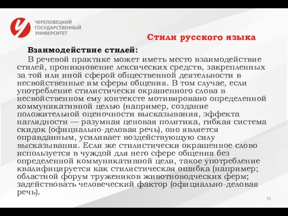 Стили русского языка Взаимодействие стилей: В речевой практике может иметь место