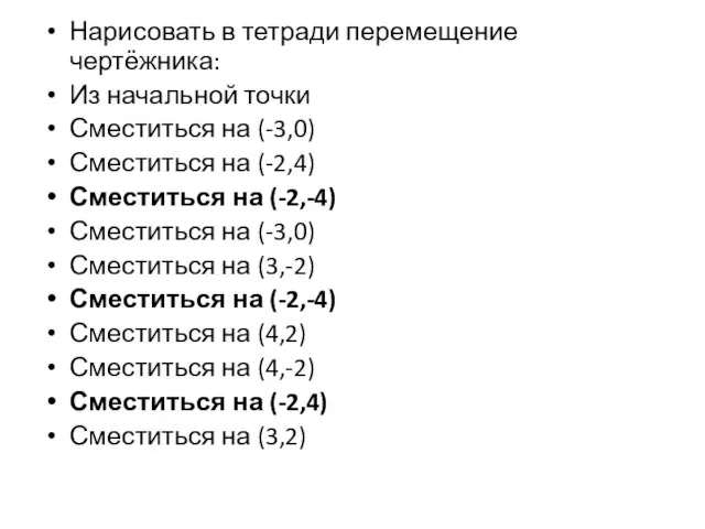 Нарисовать в тетради перемещение чертёжника: Из начальной точки Сместиться на (-3,0)