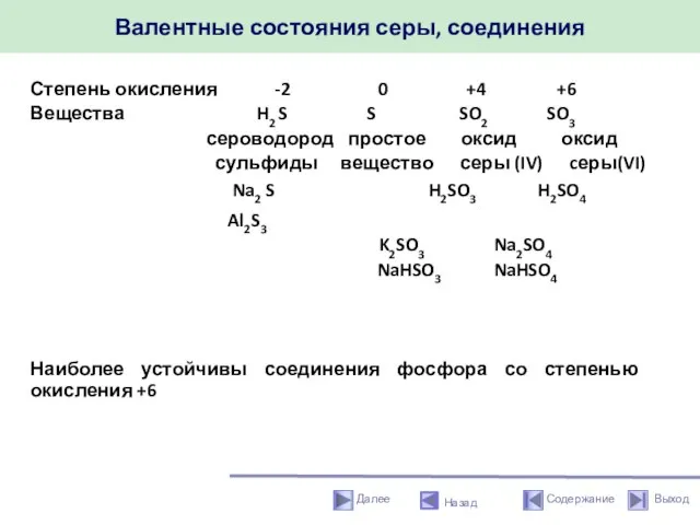 Валентные состояния серы, соединения Назад Степень окисления -2 0 +4 +6