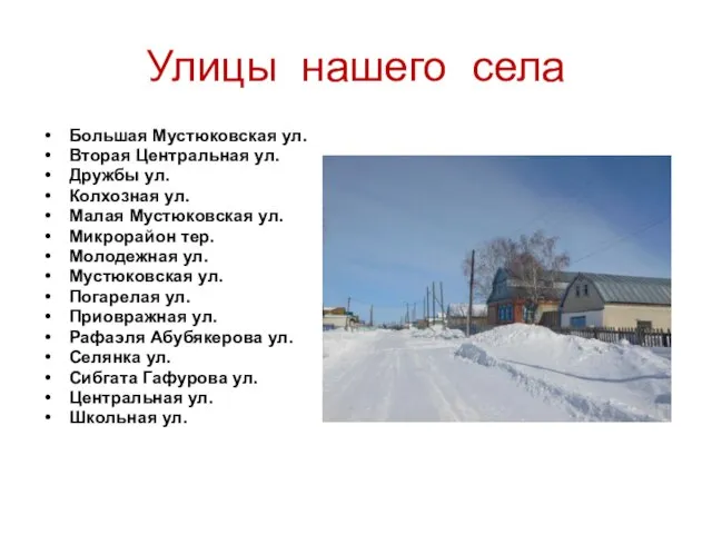 Улицы нашего села Большая Мустюковская ул. Вторая Центральная ул. Дружбы ул.