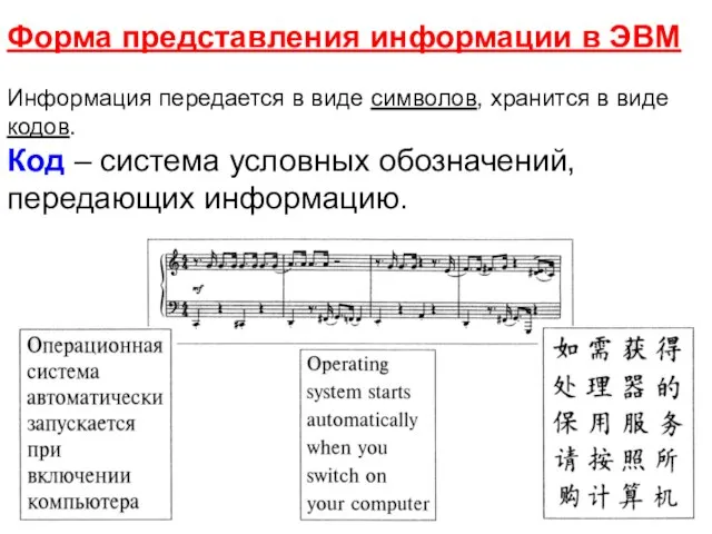 Форма представления информации в ЭВМ Информация передается в виде символов, хранится