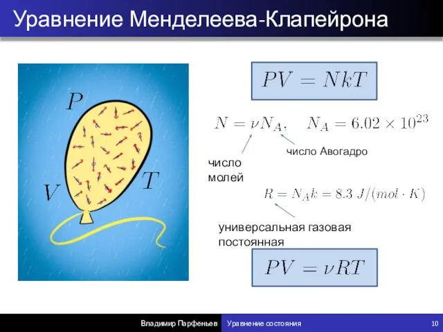 Уравнение Менделеева-Клапейрона Владимир Парфеньев Уравнение состояния 10