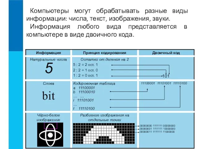 Компьютеры могут обрабатывать разные виды информации: числа, текст, изображения, звуки. Информация