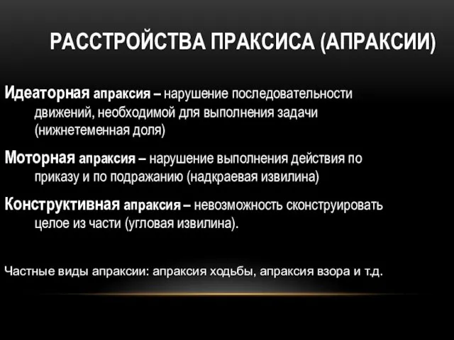 РАССТРОЙСТВА ПРАКСИСА (АПРАКСИИ) Идеаторная апраксия – нарушение последовательности движений, необходимой для