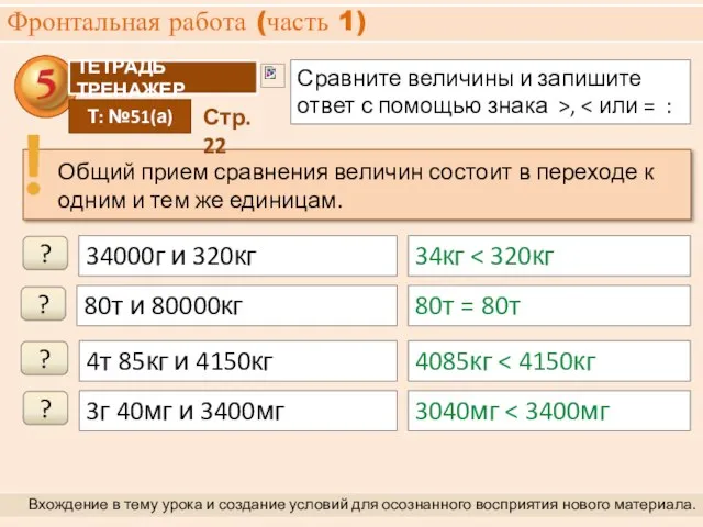 Фронтальная работа (часть 1) Вхождение в тему урока и создание условий