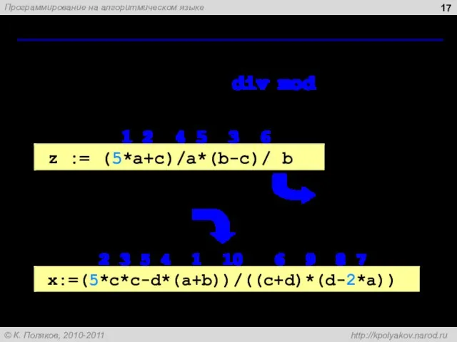 Порядок выполнения операций вычисление выражений в скобках умножение, деление, div, mod