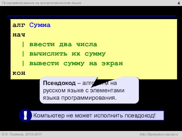 Программа алг Сумма нач | ввести два числа | вычислить их