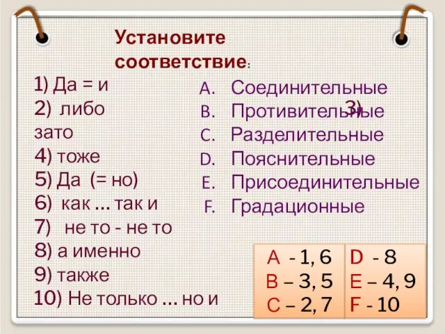 Установите соответствие: 1) Да = и 2) либо 3) зато 4)