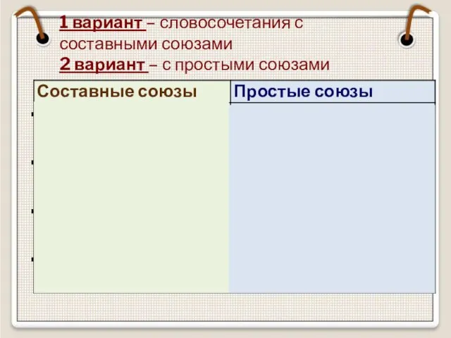 1 вариант – словосочетания с составными союзами 2 вариант – с простыми союзами