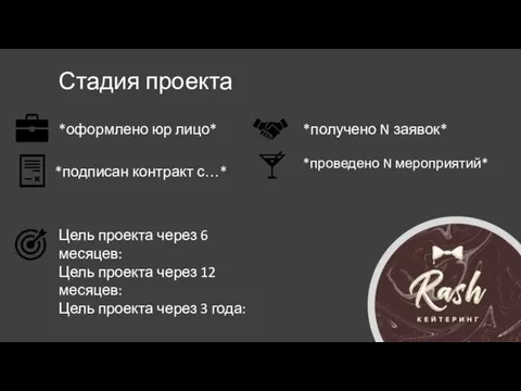 Стадия проекта *подписан контракт с…* Цель проекта через 6 месяцев: Цель