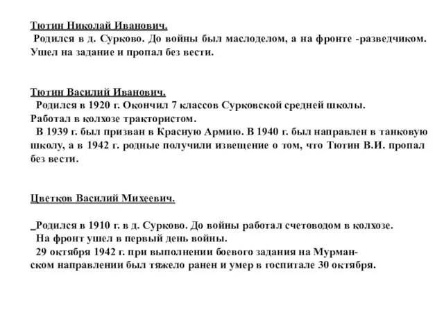 Тютин Николай Иванович. Родился в д. Сурково. До войны был маслоделом,