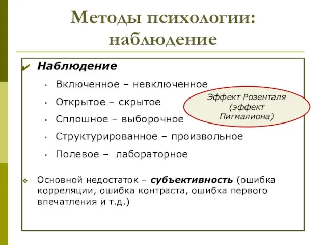 Методы психологии: наблюдение Наблюдение Включенное – невключенное Открытое – скрытое Сплошное