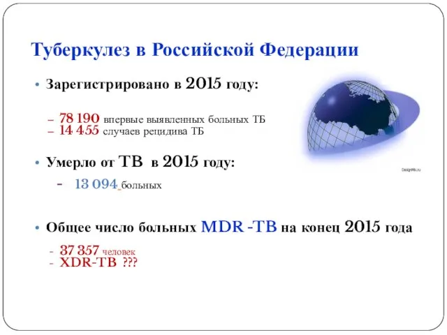 Туберкулез в Российской Федерации Зарегистрировано в 2015 году: 78 190 впервые