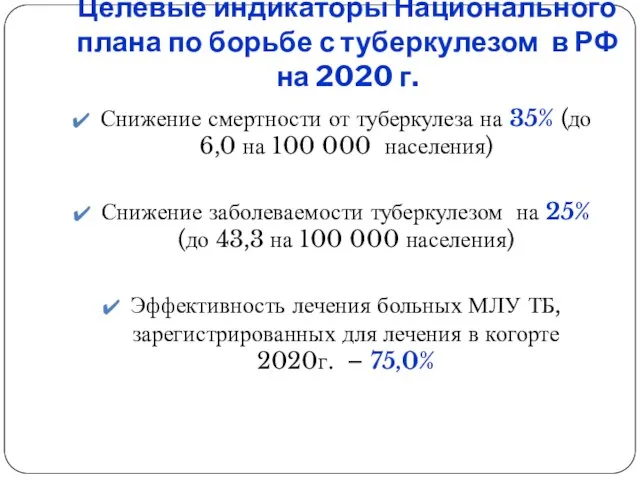 Целевые индикаторы Национального плана по борьбе с туберкулезом в РФ на