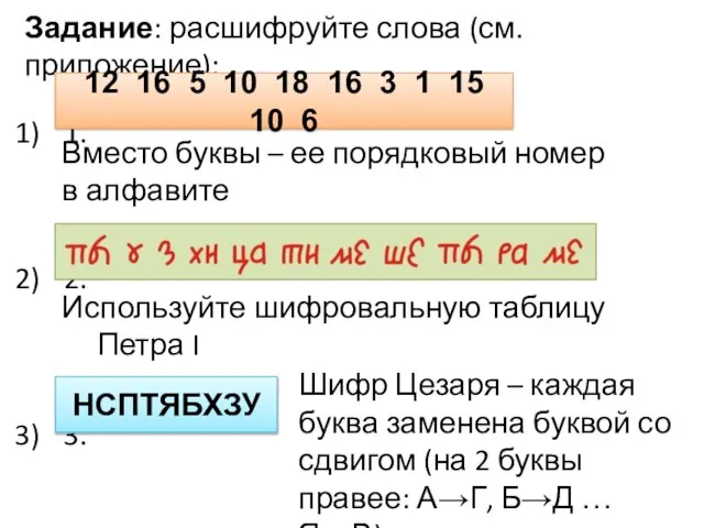 Задание: расшифруйте слова (см. приложение): 1. 2. 3. 12 16 5