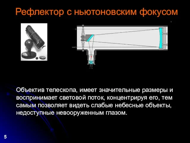 Рефлектор с ньютоновским фокусом 5 Объектив телескопа, имеет значительные размеры и