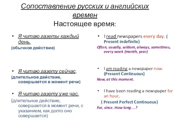 Сопоставление русских и английских времен Настоящее время: Я читаю газеты каждый