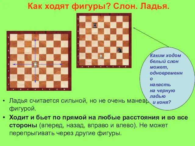 Как ходят фигуры? Слон. Ладья. Ладья считается сильной, но не очень