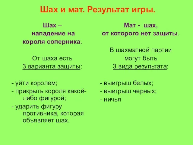 Шах и мат. Результат игры. Шах – нападение на короля соперника.