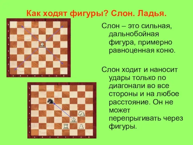 Как ходят фигуры? Слон. Ладья. Слон – это сильная, дальнобойная фигура,