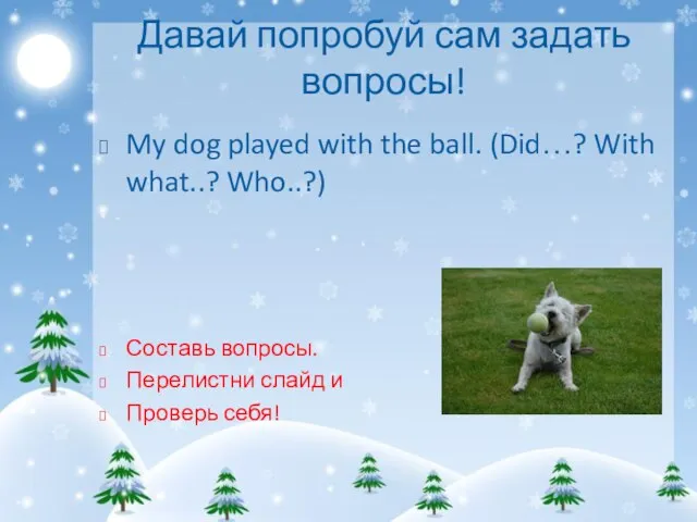 Давай попробуй сам задать вопросы! My dog played with the ball.