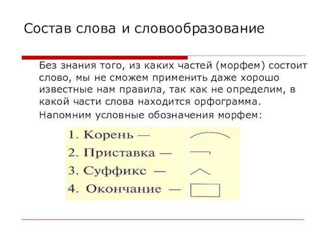 Состав слова и словообразование Без знания того, из каких частей (морфем)