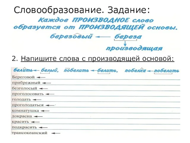 Словообразование. Задание: 2. Напишите слова с производящей основой: