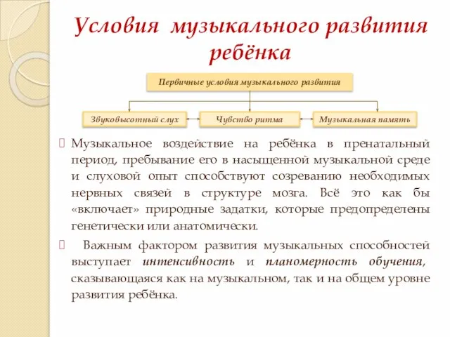 Условия музыкального развития ребёнка Музыкальное воздействие на ребёнка в пренатальный период,