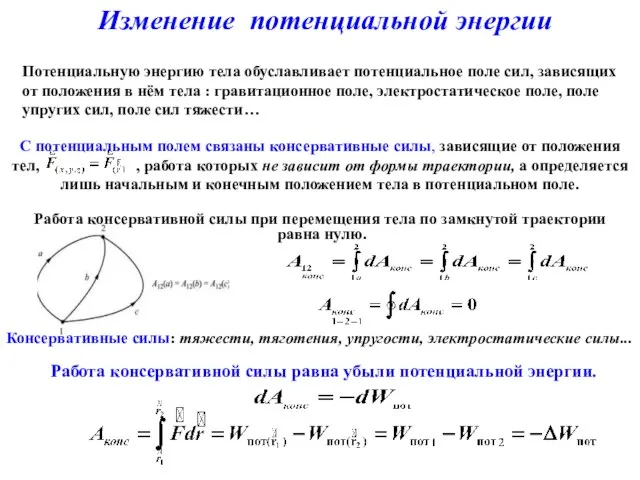 Изменение потенциальной энергии Работа консервативной силы равна убыли потенциальной энергии. Потенциальную