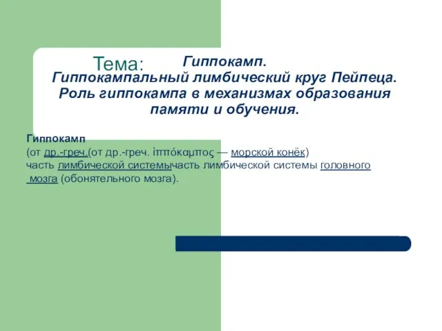 Гиппокамп. Гиппокампальный лимбический круг Пейпеца. Роль гиппокампа в механизмах образования памяти