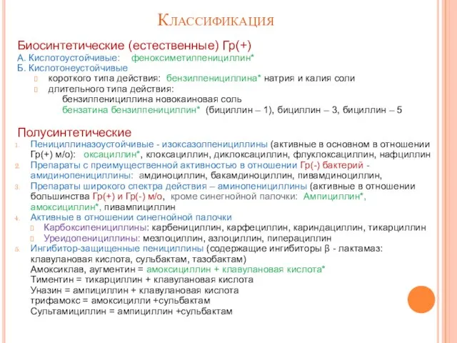 Классификация Биосинтетические (естественные) Гр(+) А. Кислотоустойчивые: феноксиметилпенициллин* Б. Кислотонеустойчивые короткого типа