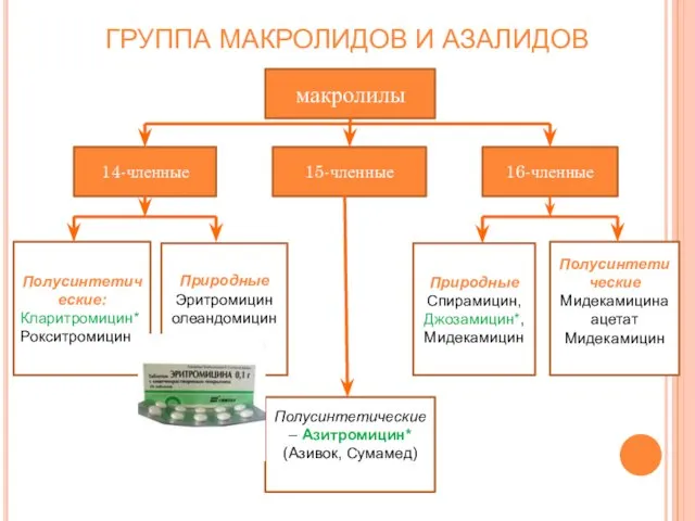 ГРУППА МАКРОЛИДОВ И АЗАЛИДОВ макролилы 14-членные Полусинтетические: Кларитромицин* Рокситромицин Природные Эритромицин