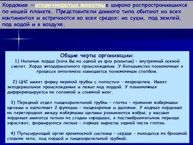 Хордовые —вторичноротые животные широко распространившихся по нашей планете. Представители данного типа