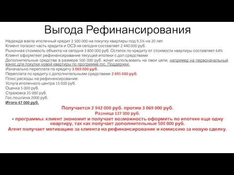 Выгода Рефинансирования Надежда взяла ипотечный кредит 2 500 000 на покупку